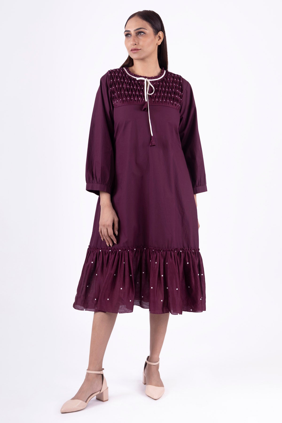Buy Designer Brick Red Smocked Neck Dress Online